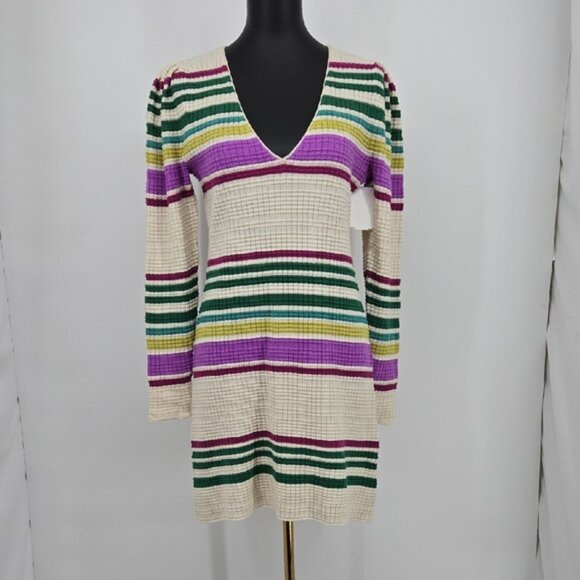 FREE PEOPLE Striped Ivory V Neck Gidget Sweater Dress Green Purple Size Small - Picture 5 of 13